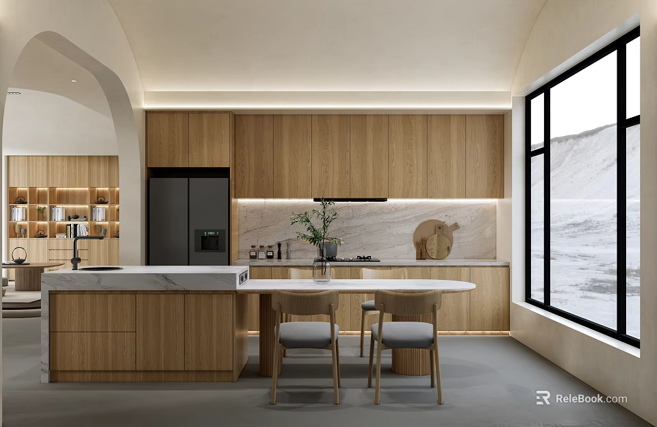 Modern Restaurant Kitchen With Large Windows Wooden Cabinets Marble Countertops And Central Island 3d model 
