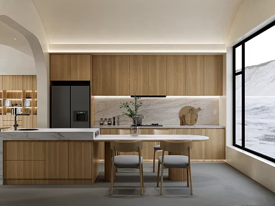 Modern Restaurant Kitchen With Large Windows Wooden Cabinets Marble Countertops And Central Island 3d model