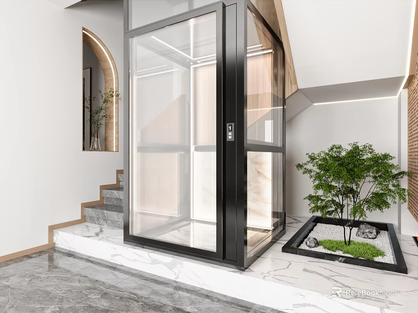 Glass Elevator in Modern Interior With Staircase Green Plant And Marble Floor 3d model 