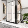 Glass Elevator in Modern Interior With Staircase Green Plant And Marble Floor