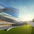 Modern Sports Park Building With Blue Dotted Facade And People Walking