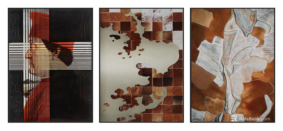 Three Abstract Artworks With Collage Patterns And Colorful Mixed Media Elements 3d model