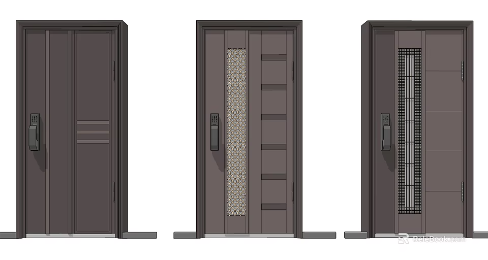 Dark Brown Metal Security Doors With Various Panel Patterns And Grid Details 3d model