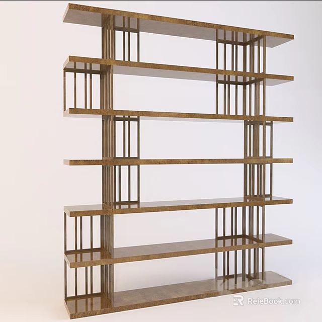 Modern Wooden Shelving Unit With Metal Frame And Multiple Storage Display Tiers 3d model 