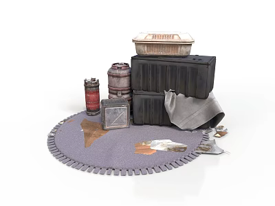 Piled Storage Containers Arrangement With Black Crates Red Barrel And Gray Cloth On Round Mat 3d model