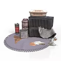 Piled Storage Containers Arrangement With Black Crates Red Barrel And Gray Cloth On Round Mat