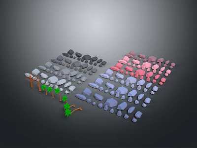 Various Colored Wood and Stone Models with Gray Pink Blue Blocks and Small Green Plants 3d model