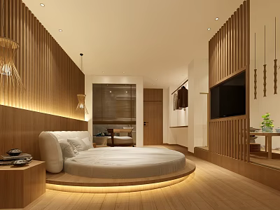 Hotel Guest Room with Wooden Walls Round Bed Recessed Lighting TV and Warm Minimalist Design 3d model