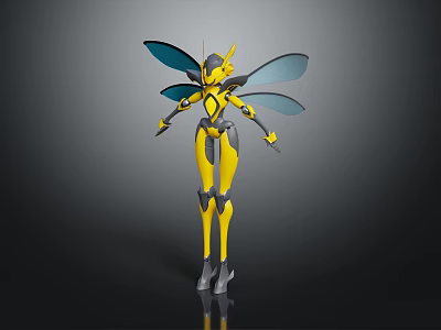 Yellow Humanoid Insect Like Creature With Blue Wings And Mechanical Body Structure 3d model