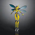 Yellow Humanoid Insect Like Creature With Blue Wings And Mechanical Body Structure