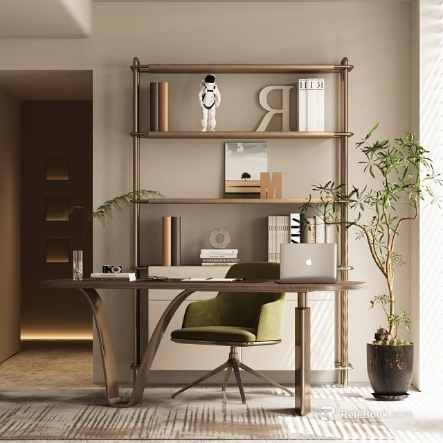 Modern Home Office Interior With Bookshelf Decor Green Velvet Chair Laptop And Plant 3d model 
