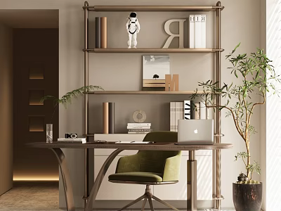 Modern Home Office Interior With Bookshelf Decor Green Velvet Chair Laptop And Plant 3d model