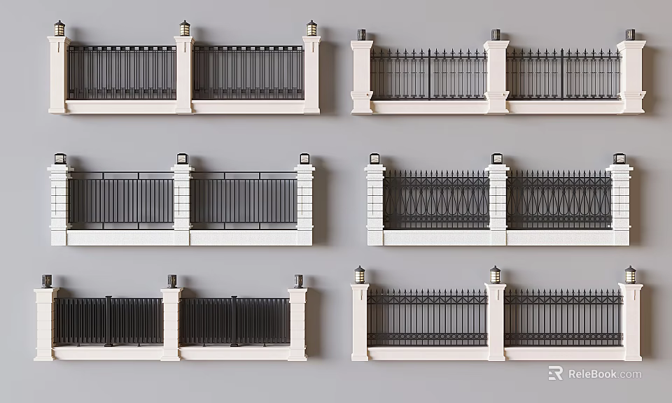 Various Metal Fence Designs With Decorative Posts And Ornate Railing Patterns 3d model