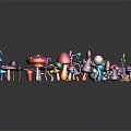 Cartoon Style Colorful Mushrooms With Different Shapes Colors On Black Background And Reflections