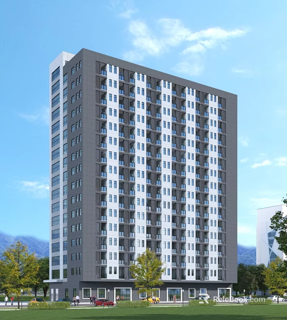 Modern High Rise Residential Building With Gray And White Exterior Surrounded By Trees And Mountains 3d model 