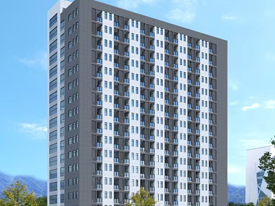 Modern High Rise Residential Building With Gray And White Exterior Surrounded By Trees And Mountains 3d model