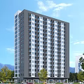 Modern High Rise Residential Building With Gray And White Exterior Surrounded By Trees And Mountains
