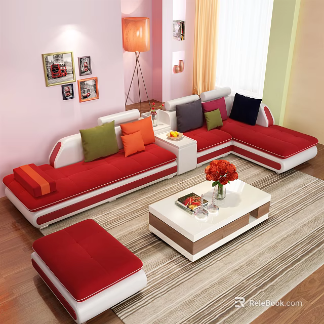 Red And White Sofa Coffee Table Set With Colorful Cushions Vase And Wall Art On Rug 3d model 