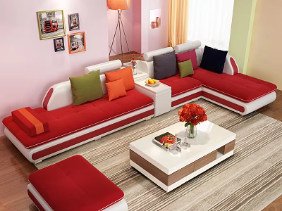 Red And White Sofa Coffee Table Set With Colorful Cushions Vase And Wall Art On Rug 3d model