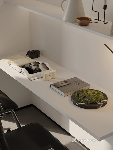 Stylish Desk Setup With Open Book Closed Nature Volume Candles And Moss Decor 3d model 