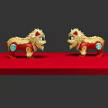 Traditional Lion Themed Decorative Ornaments Set With Golden Red Blue Floral Patterns