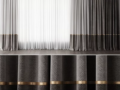 Modern White Grey and Dark Curtains With Gold Stripes and Textured Herringbone Design 3d model