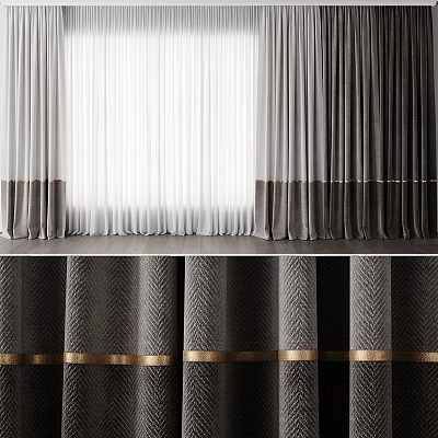 Modern White Grey and Dark Curtains With Gold Stripes and Textured Herringbone Design 3d model