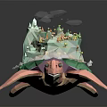 Cartoon Scene Featuring Pink Turtle Carrying Island With Green Plants Little Figures and Clouds