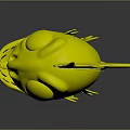 3D Cartoon Fish Character With Green Body Orange Fins Spiky Spines And Sharp Teeth