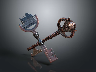 Vintage Decorative Keys With Ornate Handles Crossed On Dark Surface 3d model