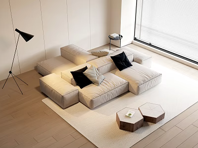 Cozy Beige L shaped Casual Sofa Set With Black Cushions And Wooden Side Tables 3d model