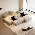 Cozy Beige L shaped Casual Sofa Set With Black Cushions And Wooden Side Tables