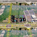 Aerial View Planning Of Twin Buildings With Green Roofs And Road Network