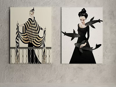 Stylish Portrait Paintings with Woman in Black Dress Checkered Outfit Fish and Balcony Rail 3d model