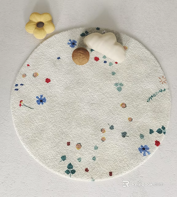 Soft Light Colored Round Rug Featuring Colorful Small Flower Embroidery Patterns 3d model 