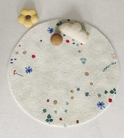 Soft Light Colored Round Rug Featuring Colorful Small Flower Embroidery Patterns 3d model