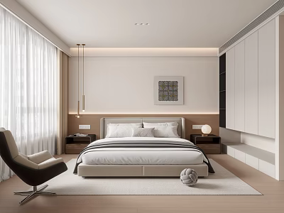 Modern Bedroom Interior with Neutral Tones Bed Headboard Nightstand Table Lamp Decorative Artwork White Curtains 3d model