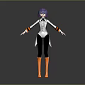 Game Movie Character With Purple Short Hair Black White Top Orange Cuffs Boots Standing Pose