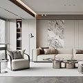 Modern Living Room Interior Design With Beige Sofa Marble Wall Art And Round Coffee Tables