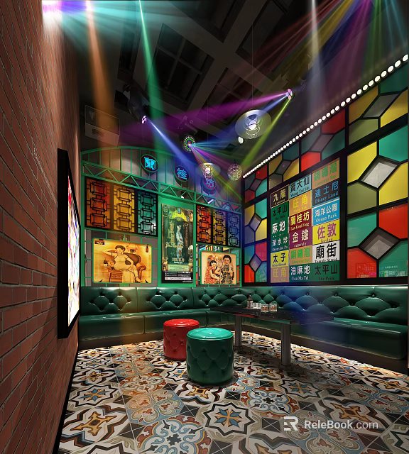 KTV Lounge Interior With Colorful Stained Glass Walls Neon Posters Green Sofas And Colorful Lighting 3d model 