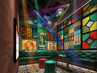 KTV Lounge Interior With Colorful Stained Glass Walls Neon Posters Green Sofas And Colorful Lighting 3d model
