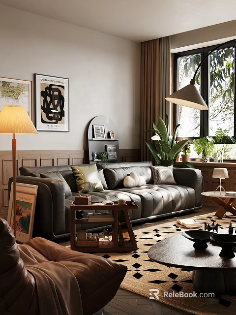 Stylish Dark Leather Sofa And Wooden Coffee Table Set For Warm Cozy Modern Living Room 3d model 