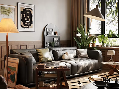 Stylish Dark Leather Sofa And Wooden Coffee Table Set For Warm Cozy Modern Living Room 3d model