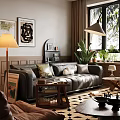 Stylish Dark Leather Sofa And Wooden Coffee Table Set For Warm Cozy Modern Living Room