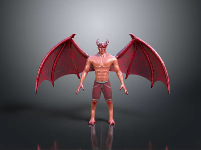 Red Winged Bat With Horns And Muscular Body Standing On Dark Surface 3d model
