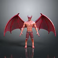 Red Winged Bat With Horns And Muscular Body Standing On Dark Surface