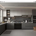 Modern Kitchen Interior With Gray Cabinets Dark Countertop Island And Appliances