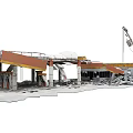 Damaged Gas Station Structure With Collapsed Roof And Scattered Debris On Ground