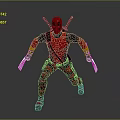 Man In Red Costume With Mask Holding Dual Blades And Katana Swords On Back