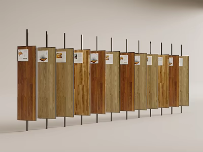 Various Wooden Wall Panels With Different Grain Textures On Display Rack 3d model
